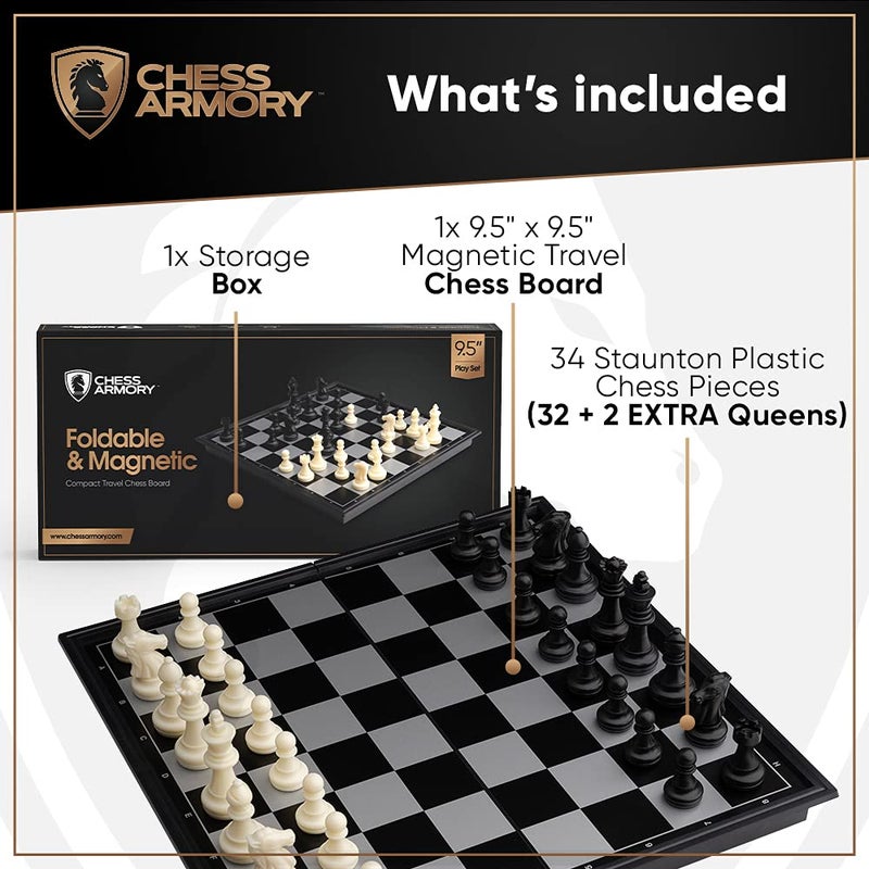Chess Armory Magnetic 9.5 Inches Travel Chess Set - Folding Board with Storage Box & 2 Extra Queen. - Image 2
